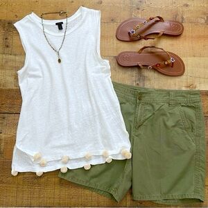J CREW Soft Linen Tank with Pom Pom Hemline